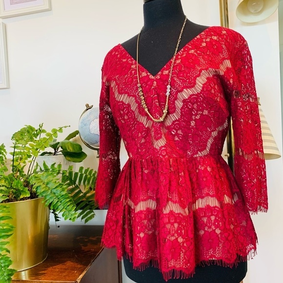 Anthropologie | Maeve Burgundy Lace Peplum